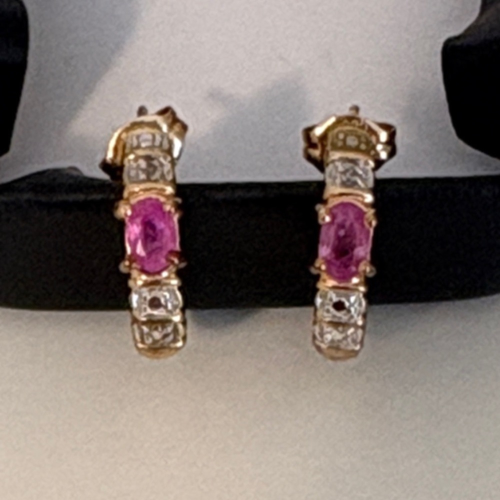Pink Gemstone and Diamond Hoop Earrings